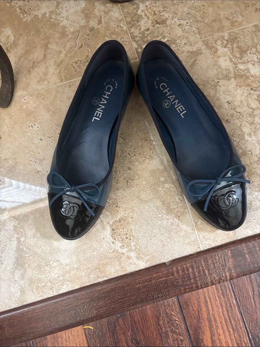 CHANEL Blue and Black Patent Cap-Toe Ballet Flats - Picture 3 of 4